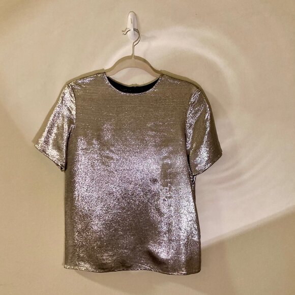 Topshop Metallic Silver Blouse, Corpcore, Sparkle & Shine, Fun, Size 4 - Picture 2 of 9